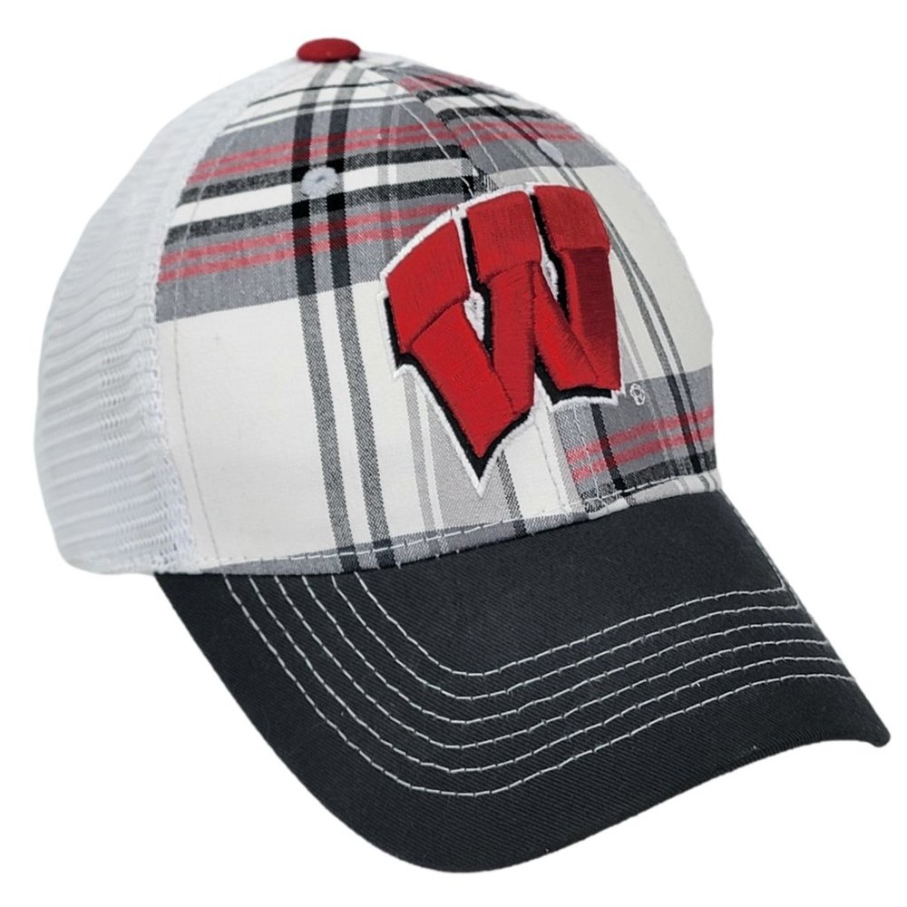 Wisconsin Badgers Fitted Hat Ball Cap Plaid Embroidered Logo - Top of‎ the World